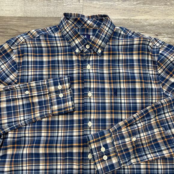Johnnie-O Prep-Formance Madras Plaid Blue Orange M Long Sleeve Button Up‎ Shirt - Picture 1 of 9